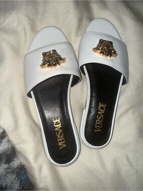 Versace White Leather Slides with Gold Medusa Accent